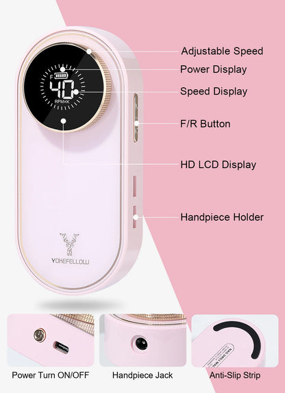 YOKEFELLOW Professional Nail Drill – 40000RPM Rechargeable Electric Nail E-File, Cordless for Acrylic & Gel Nails