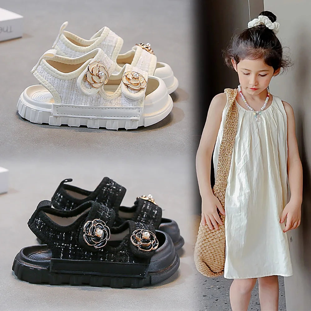 Girls’ Summer Sandals with Pearl Flower, Soft-Soled Beach Shoes for Kids