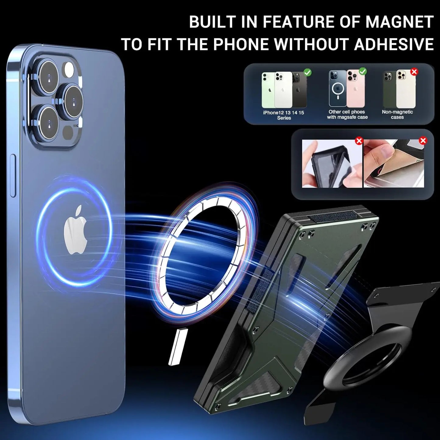 MagSafe Wallet & Money Clip with AirTag Holder + Magnetic Sheet — Fits Magnetic & Non-Magnetic Phones