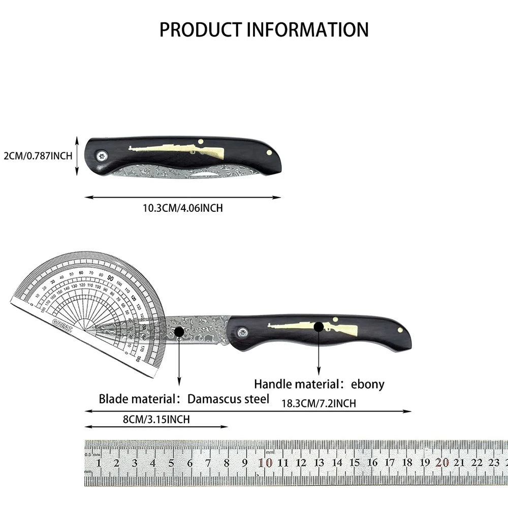 Damascus Folding Knife - Ebony Handle Portable Camping & Hiking Utility Knife