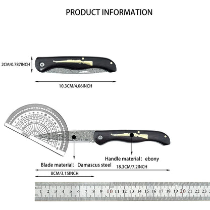 Damascus Folding Knife - Ebony Handle Portable Camping & Hiking Utility Knife