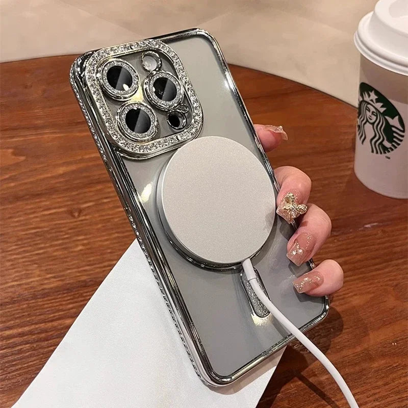 Glitter Diamond Clear Magnetic iPhone Case - Transparent Bumper Cover with Wireless Charging Support for iPhone 12–18 Pro Max & Plus