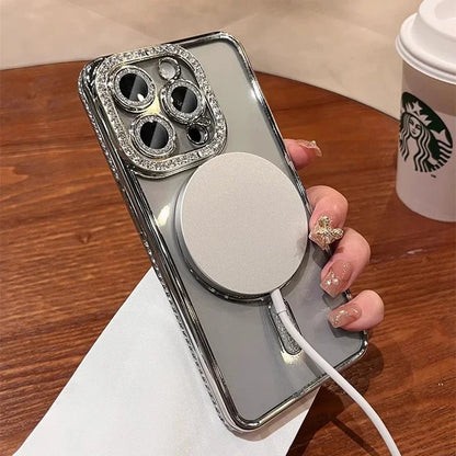 Glitter Diamond Clear Magnetic iPhone Case - Transparent Bumper Cover with Wireless Charging Support for iPhone 12–18 Pro Max & Plus