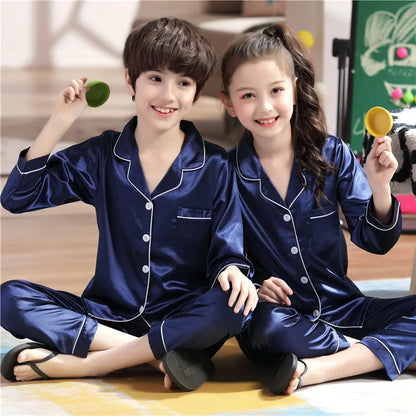 Kids’ Satin Silk Pajama Set – Long Sleeve Silky Loungewear for Boys & Girls, Teen PJs for Ages 2-14