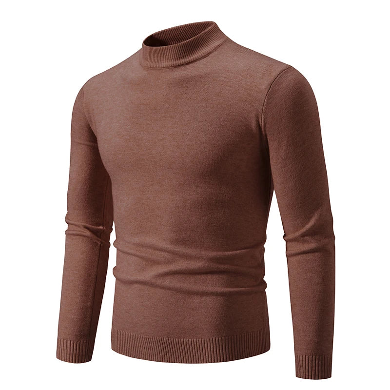 Autumn Men's Half High Neck Sweater - Basic Solid Color Slim Fit, Versatile Casual Knitwear with Elastic Round Neck Design
