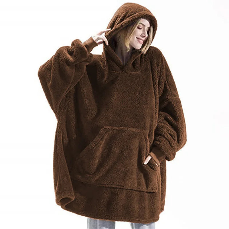 Women’s Winter Hooded Fleece Jacket – Thick, Warm, Solid Color Pullover with Pockets, Elegant Unisex Long Hoodie for Home Wear