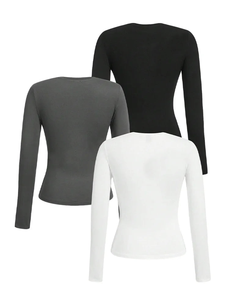 Women's Solid Color Long Sleeve T-Shirt – Round Neck Knitted Polyester Regular Fit Fall Winter Top