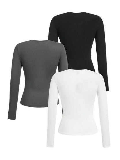 Women's Solid Color Long Sleeve T-Shirt – Round Neck Knitted Polyester Regular Fit Fall Winter Top