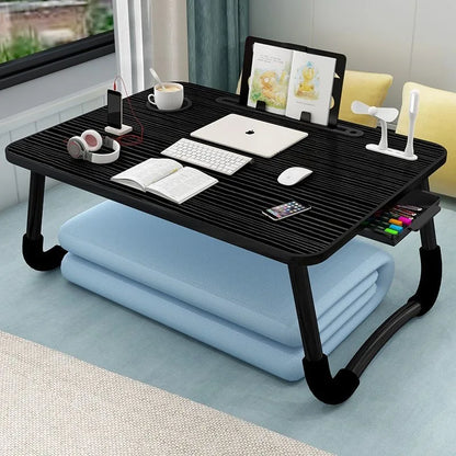 Foldable Laptop Desk for Bed & Sofa – Portable Lap Table with Cup, Book Holder, Drawer, and USB Slot
