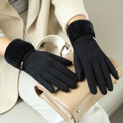 Winter Women's Suede Gloves - Plush Velvet Touch Screen, Thick Warm Wrist Gloves for Driving and Cycling