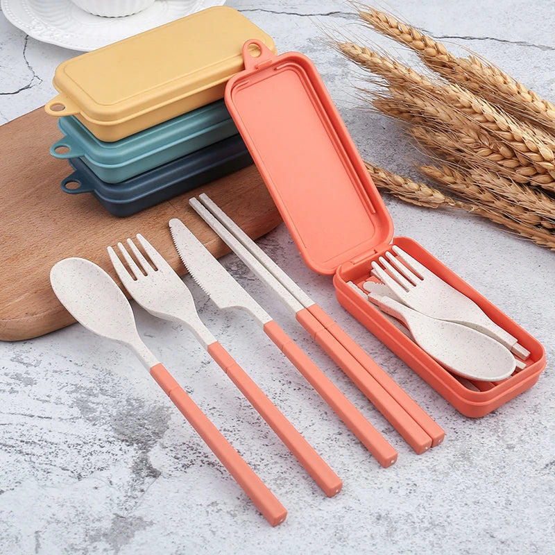 4Pcs Portable Wheat Straw Dinnerware Set - Detachable Cutlery, Travel & Picnic Tableware - Camping Cutlery Set for Outdoor Dining