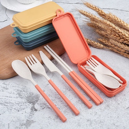 4Pcs Portable Wheat Straw Dinnerware Set - Detachable Cutlery, Travel & Picnic Tableware - Camping Cutlery Set for Outdoor Dining