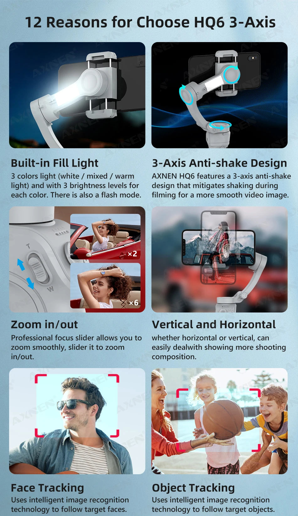 3 Axis Handheld Gimbal Stabilizer with Fill Light – Smartphone Stabilizer for iPhone & Android, Face Tracking, TikTok, Vlog – HQ6