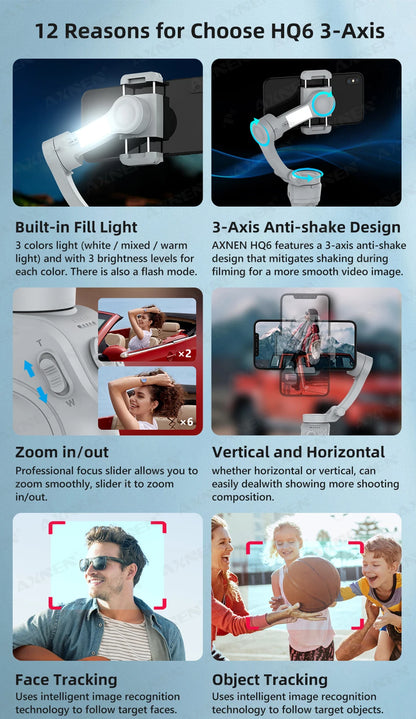 3 Axis Handheld Gimbal Stabilizer with Fill Light – Smartphone Stabilizer for iPhone & Android, Face Tracking, TikTok, Vlog – HQ6