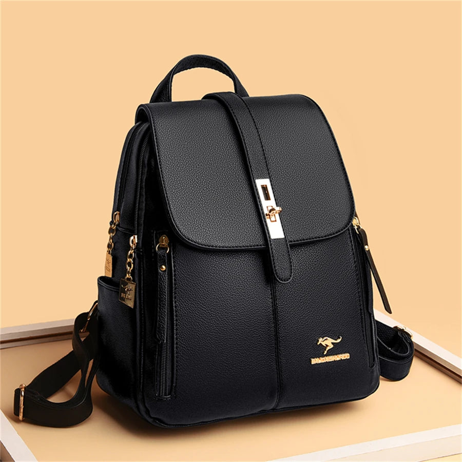 Luxury Leather Backpack for Women - Vintage Black Daypack, Casual School Bag for Girls, Mochila Rucksack Style