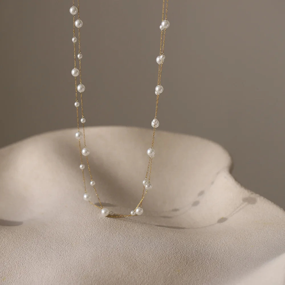 316L Stainless Steel Pearl Chain Necklace for Women, Waterproof Metal Collar Jewelry, Elegant Temperament Gift Bijoux