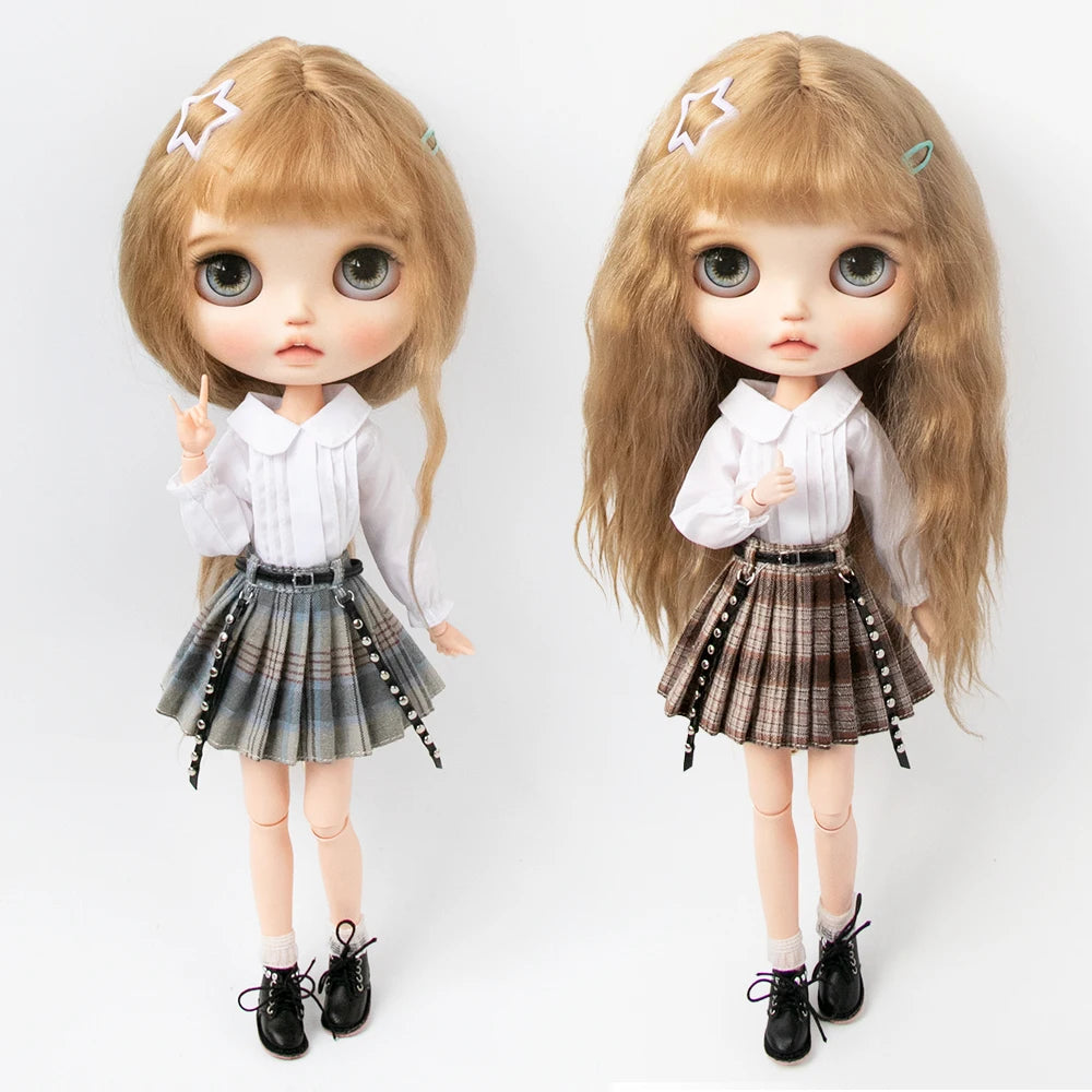 Blythe Doll Clothes Plaid Pleated Skirt & Off-Shoulder Top Tulle Dress Set — Ruffle Skirt for Licca, Azone, OB22, YMY Doll Accessories