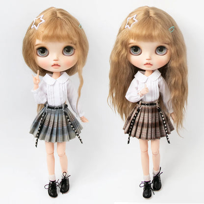 Blythe Doll Clothes Plaid Pleated Skirt & Off-Shoulder Top Tulle Dress Set — Ruffle Skirt for Licca, Azone, OB22, YMY Doll Accessories