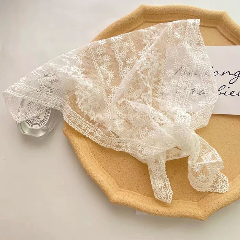 White Woven Floral Lace Hair Scarf Wrap – Retro Triangle Headscarf, Travel & Photo Hat, Hair Accessories for Women