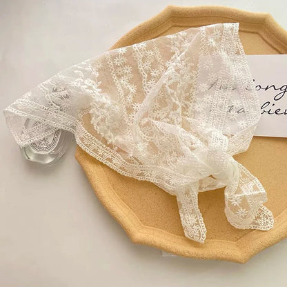White Woven Floral Lace Hair Scarf Wrap – Retro Triangle Headscarf, Travel & Photo Hat, Hair Accessories for Women