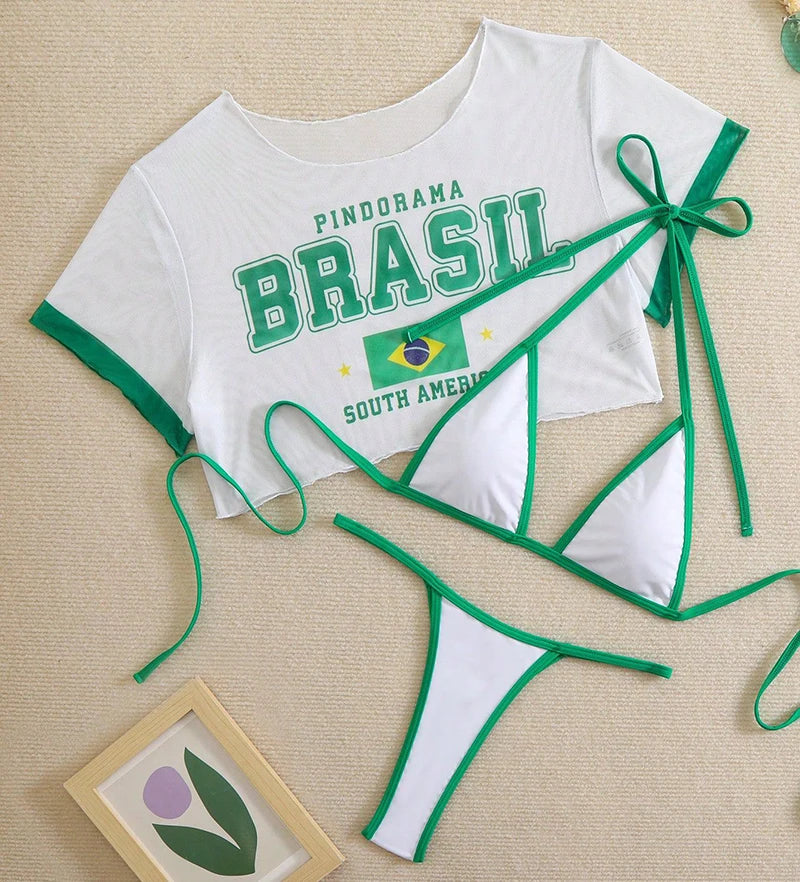 Women’s 2026 Brazilian Flag Bikini Set – Three-Piece Short Sleeve Split Swimwear, Brazilian Style Beach Bathing Suit