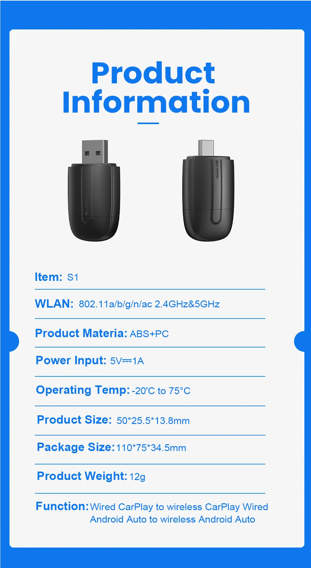 2-in-1 Wireless CarPlay & Android Auto Dongle – Type-C USB Bluetooth WiFi Adapter for Chevrolet, Citroen, Buick, Cadillac, Chery, VW