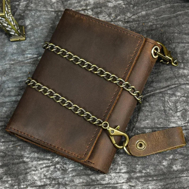 Men’s Genuine Leather Short Wallet with Chain – Trifold Zipper Clutch, Card Holder & Coin Purse