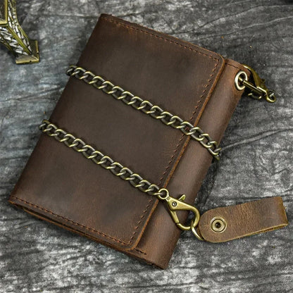 Men’s Genuine Leather Short Wallet with Chain – Trifold Zipper Clutch, Card Holder & Coin Purse