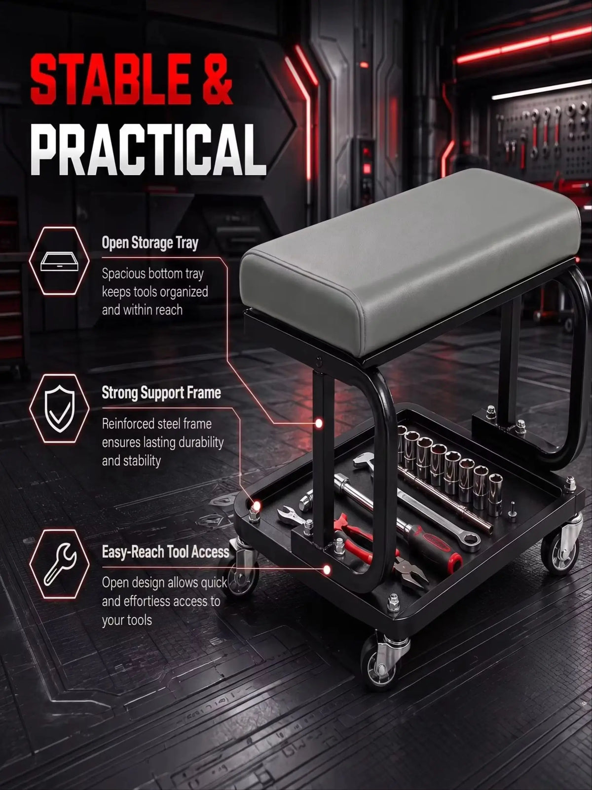 3-in-1 Rolling Auto Repair Creeper Seat - Foldable Adjustable Garage Tool Tray, 300 lb Capacity