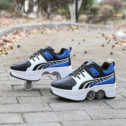 Dual Purpose Roller Skates Shoes - Adjustable Double Row 4-Wheel Deformation Roller Sneakers for Kids & Teens Size 33-44