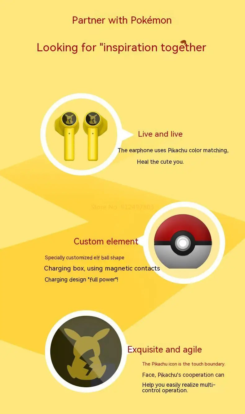 Pokémon Pikachu Wireless Bluetooth 5.0 Earphones – Noise Reduction Sport Headphones with Touch Control & Mic, Universal Gift