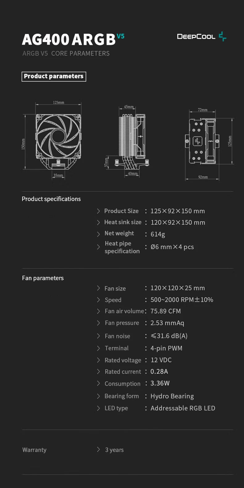 DEEPCOOL AG400 CPU Air Cooler — 4 Heat Pipe ARGB PWM Radiator, 220W TDP for Intel LGA1700/1200/115X/1151/1155 & AMD AM4/AM5