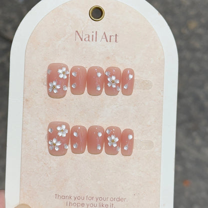 10 Pcs Handmade Short Square Press-On Nails – Full Cover Flower & Cat Eye Ballet False Nails Manicure Tips