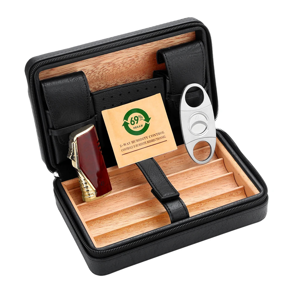 GALINER Cigar Humidor Box – Travel Leather Case with Cedar Wood Lining, Includes or Excludes Lighter, Cigar Cutter & Humidity Control Pack
