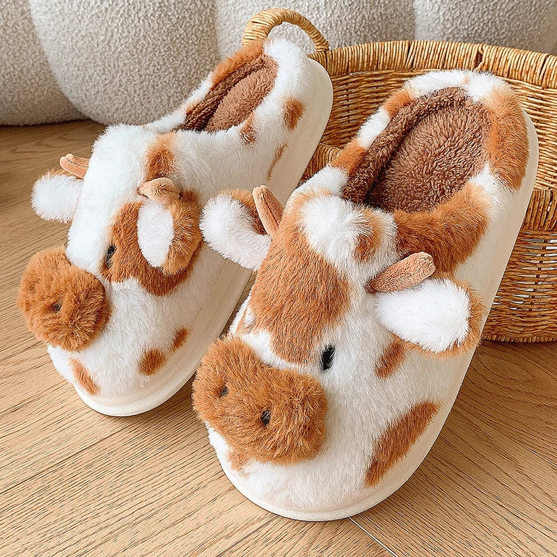 Women’s Fluffy Cartoon Cow Slippers – Cute Casual Flat Plush Winter Platform Shoes for Home