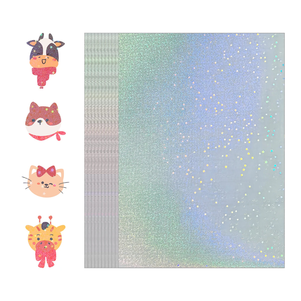 50-Piece Holographic Sand-Star Vinyl Sticker Set - Transparent Self-Adhesive Overlay Sheets for Laminating, 7.4 × 10.5 cm