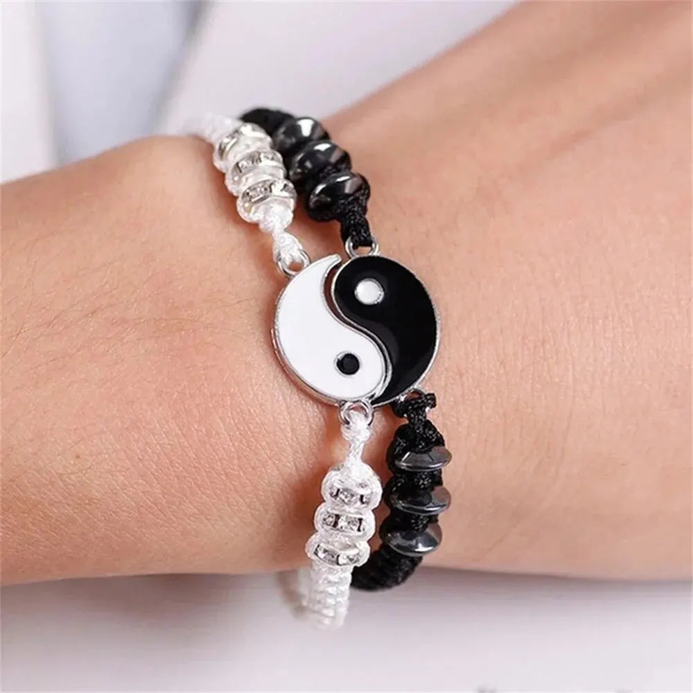 Couple Tai Chi Bracelet Set – Black & White Adjustable Rope Chain Jewelry for Daily Wear, Simple Style