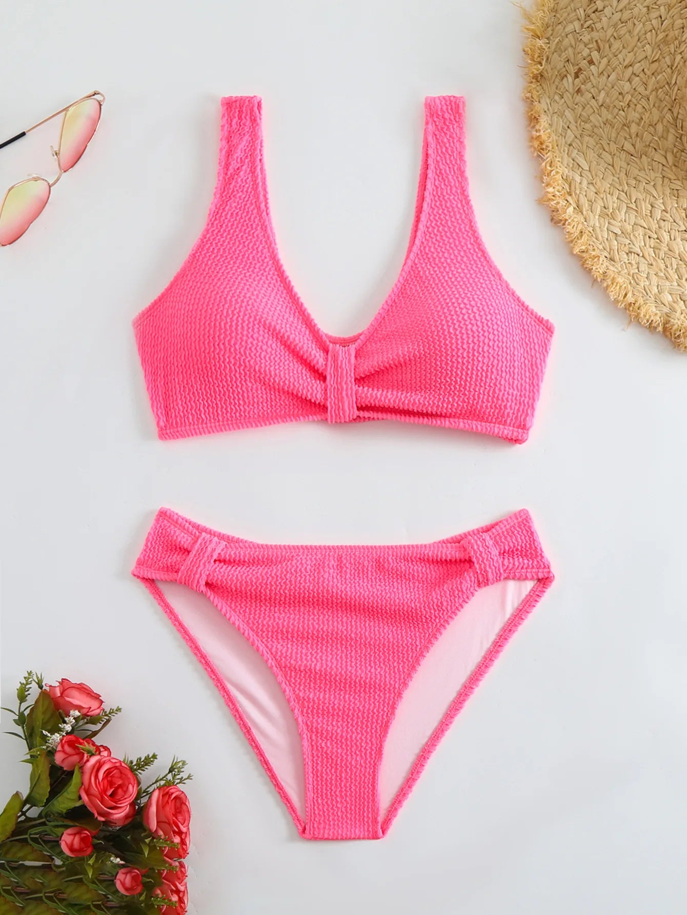 2025 Summer Women's Two-Piece Swimsuit – Solid High Waist V-Neck Backless Bikini Set Beachwear