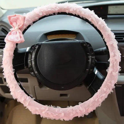 Pink Car Interior Accessories Set - Lace Steering Wheel Seat Belt Gear Shift And Mirror Covers For Women
