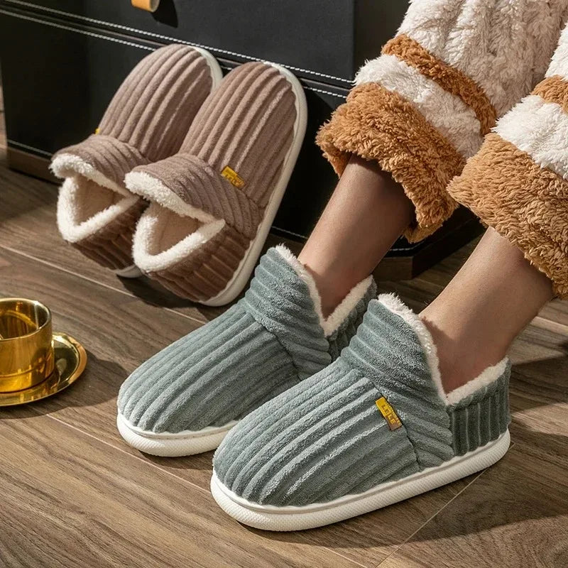 Winter Couple Striped Plush Slippers – Soft Non-Slip Warm Cotton Home Shoes for Men & Women