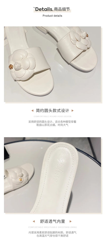 Luxury Women’s Flower Slippers — Camellia Open-Toe Slides for Home & Outdoor, Ladies Flip Flop Sandals