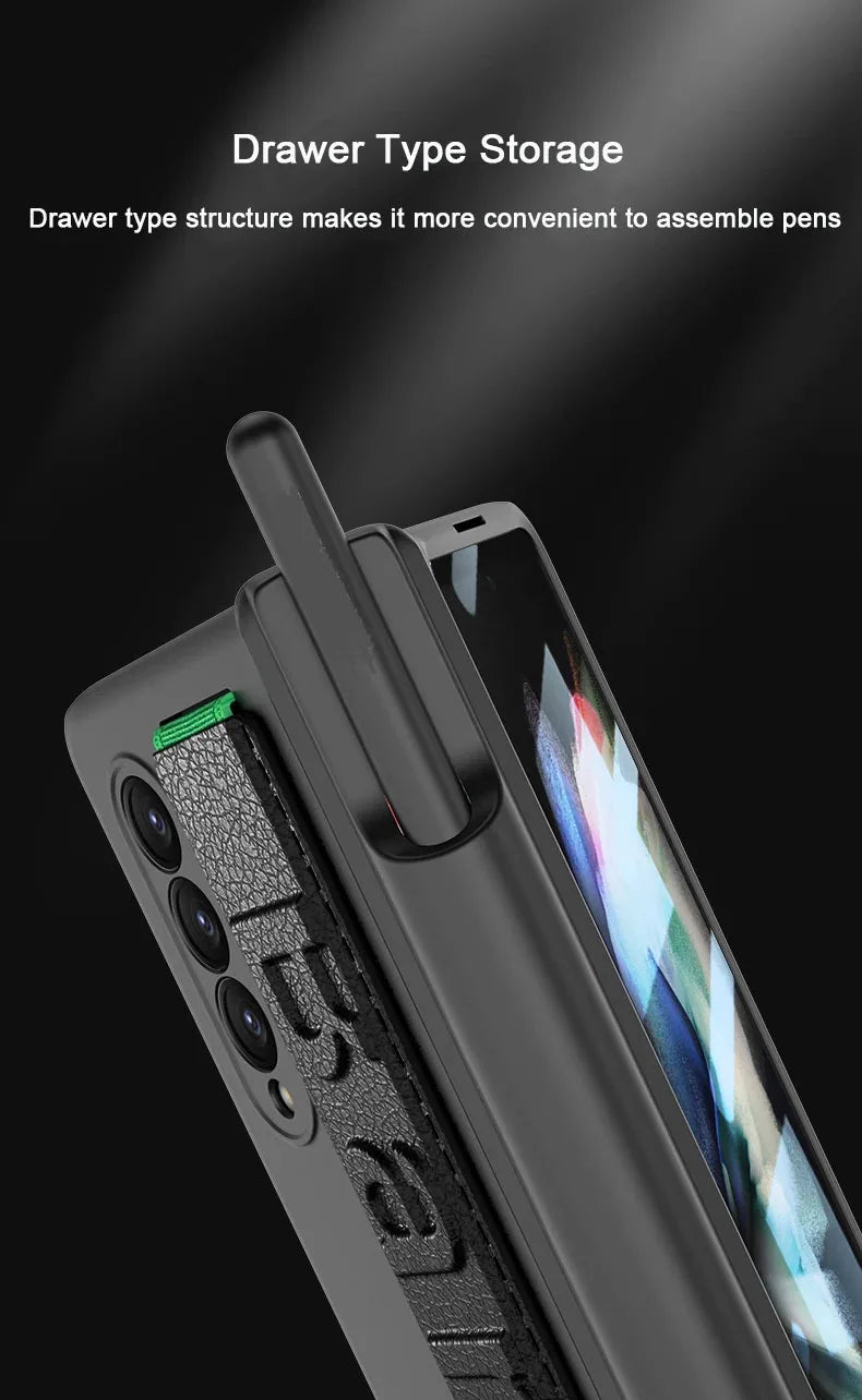Magnetic Hinge Wrist Strap Case with Pen Slot & Screen Glass for Samsung Galaxy Z Fold 6/5/4/3 – Hard Protective Cover