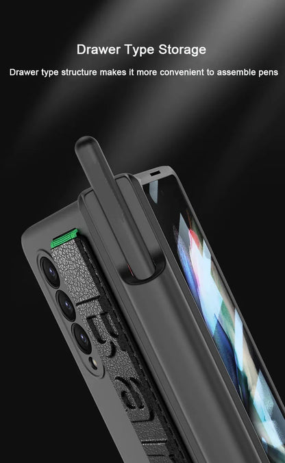 Magnetic Hinge Wrist Strap Case with Pen Slot & Screen Glass for Samsung Galaxy Z Fold 6/5/4/3 – Hard Protective Cover