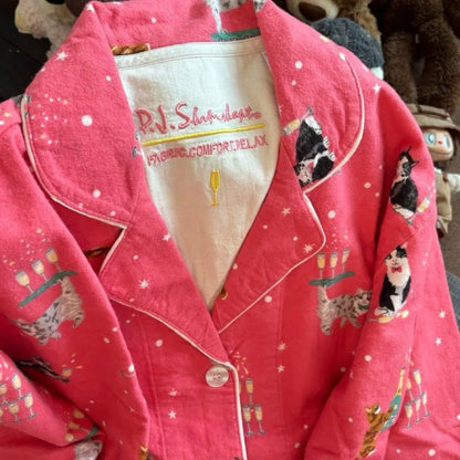 Women's Winter Cartoon Pajama Set - Warm Cotton Wool Sleepwear Long Sleeve Homewear