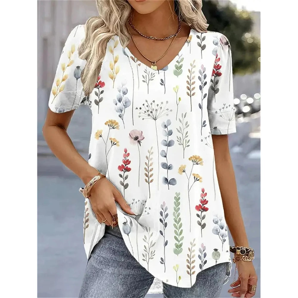 Women's 3D Flower Print V-Neck T-Shirt - Oversized Kawaii Summer Casual Blouse Top Fashion Clothing