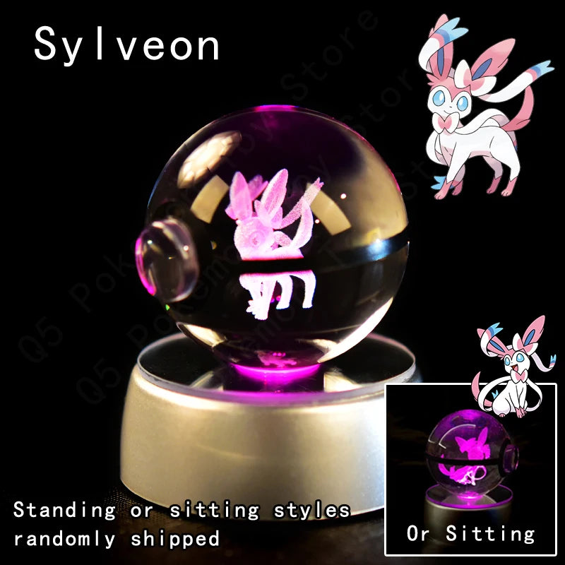 Pokemon 3D Crystal Ball Figurine — Pikachu, Gengar, Mew, Mewtwo Glass Statue with Lamp Base, Kids Birthday Gift