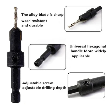 5PCS Woodworking Countersink Drill Bit Set – One-Piece Hex Handle Twist Drill with Chamfering Tool