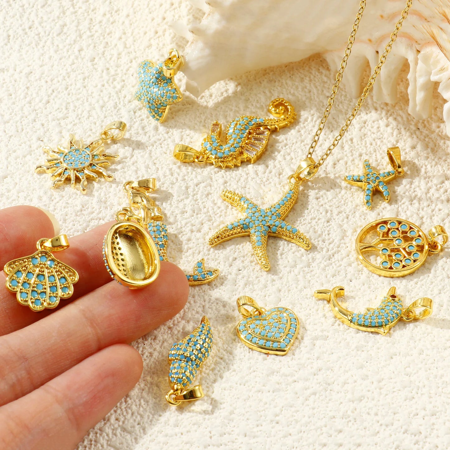 Blue Cubic Zirconia Ocean Charm Pendant Set – 18K Gold Plated Starfish, Mermaid & Conch DIY Necklace Jewelry