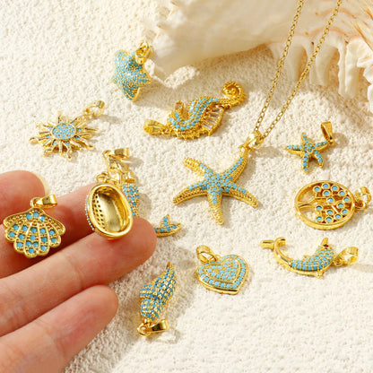 Blue Cubic Zirconia Ocean Charm Pendant Set – 18K Gold Plated Starfish, Mermaid & Conch DIY Necklace Jewelry