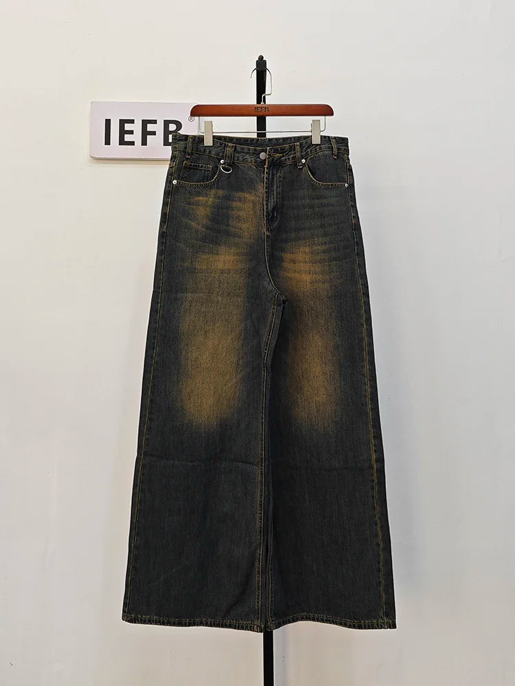 IEFB Men’s Summer Denim Jeans – Washed Blue Straight Loose Wide-Leg Casual Pants